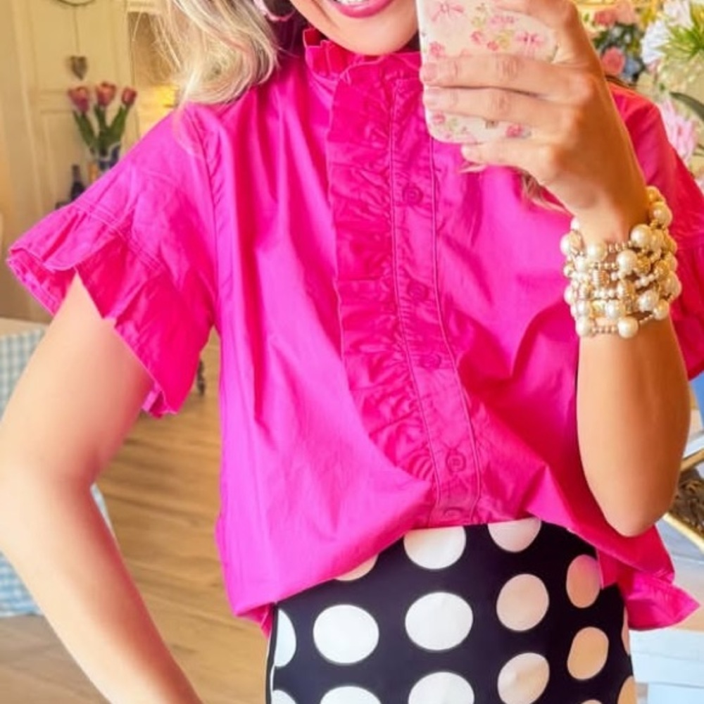 Bright Pink Ruffle-Front Short Sleeve Blouse